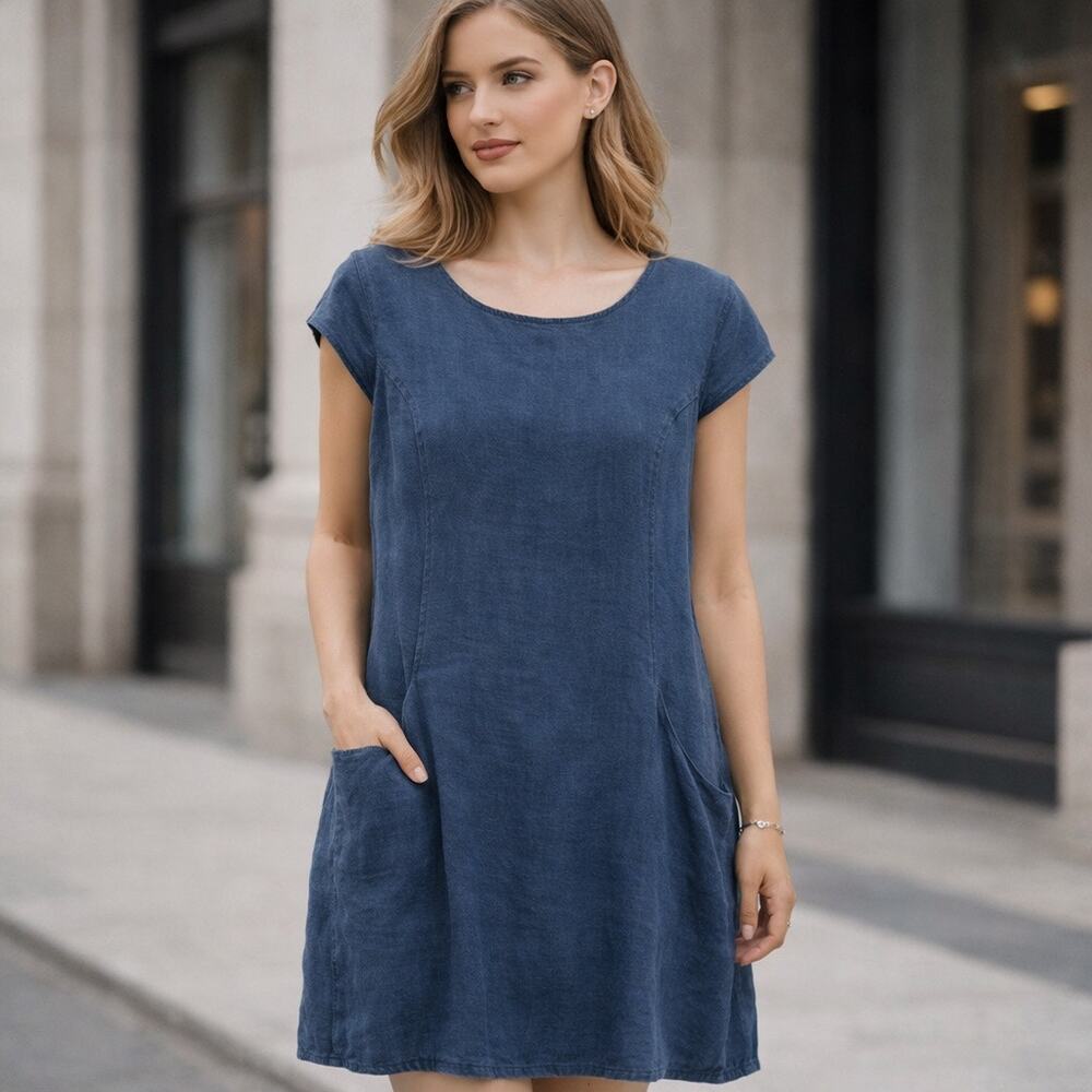 Lungo L'arno Italy Linen Dress Sz S Lagenlook Minimalist Coastal Chambray Shift
